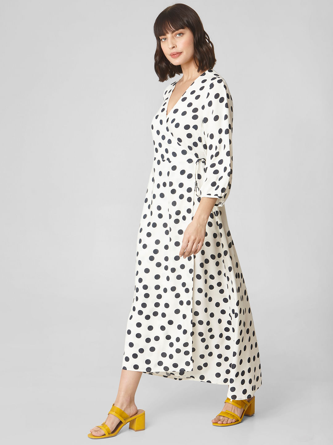 Wrap Dresses - Buy White Polka Dot Wrap Dress Online In India.